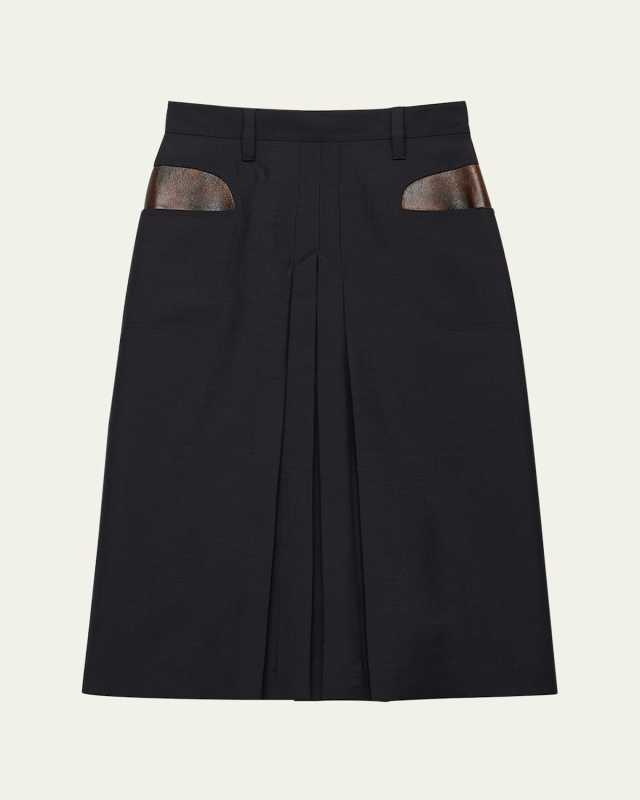 Leather-Pockets Wool Midi Skirt